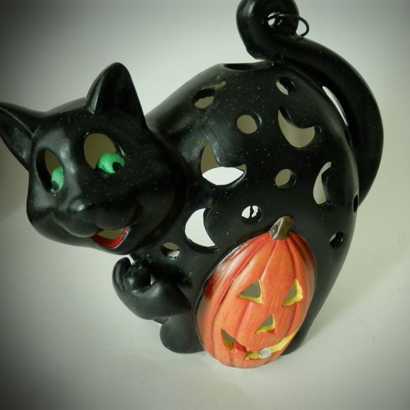 Set Of 2 Halloween Luminaries Luminary Ceramic Black Cat Ghost 2002 Original Box - Picture 3 of 6